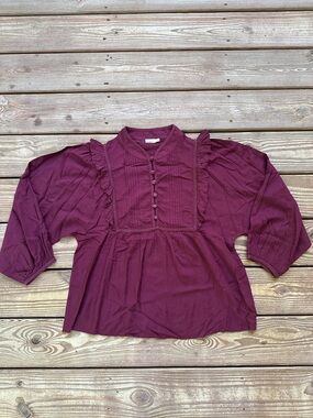 Faherty Burgundy Boho Peasant Blouse Pintuck Ruffle Top Size M